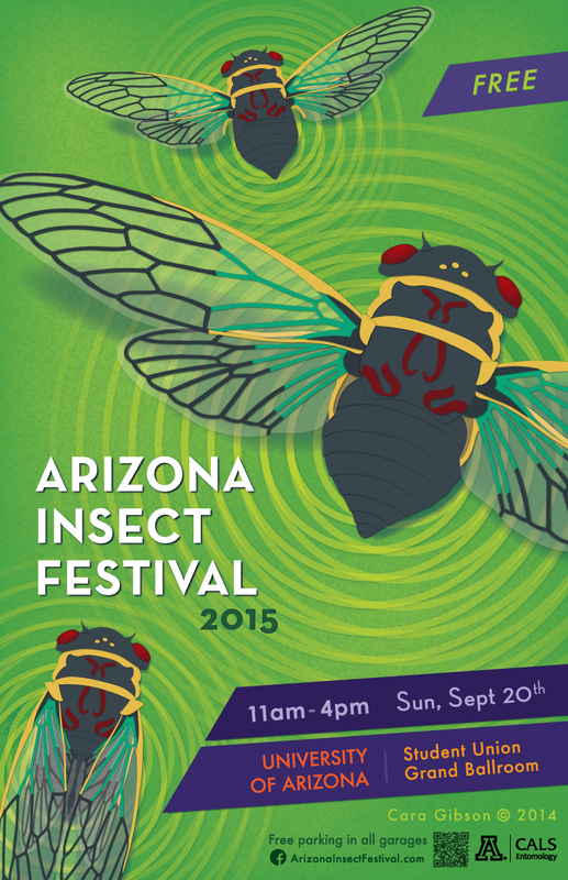 2015 Arizona Insect Festival flyer with Apache / Citrus cicadas. Artwork by Cara Gibson